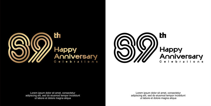 89th anniversary logo style with golden and black line number. Modern luxury vector typography templates on dark and white background for celebration event.
