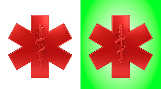 Red star of life medical symbol with caduceus icon isolated on a white background