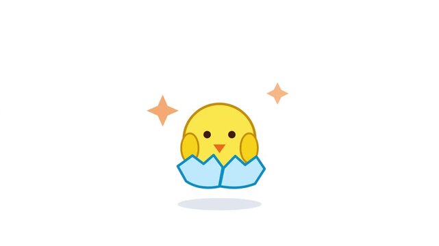 Animated yellow baby chicks hatching from blue eggshells floating against white background