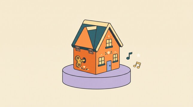 Retro wind-up music box house, whimsical miniature home toy with musical notes, nostalgic orange house figurine on purple base