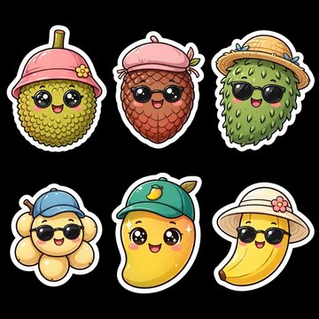 Set of six cute tropical exotic fruit kawaii stickers collection 4000x4000 - jackfruit, snake fruit salak, soursop sirsak, langsat duku, mango and banana wearing hat and sunglasses with happy face on 