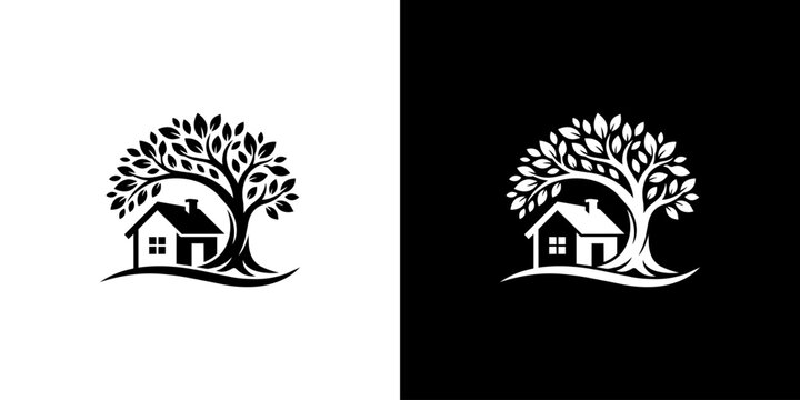 Creative minimalist tree and house silhouette icon set for green residential architecture property management or organic landscaping business identity
