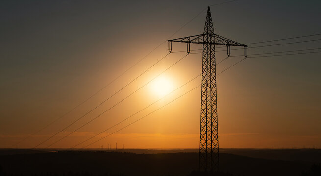 High voltage power lines, electricity pylon tower, energy transmission, wire cable line, urban infrastructure, electrical technology, supply chain