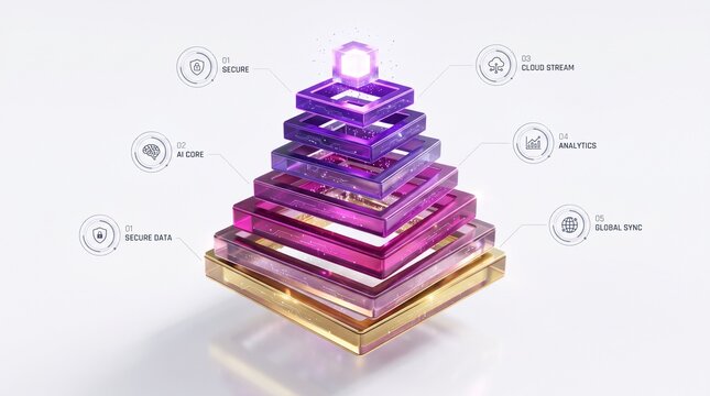Purple Glass Pyramid Layers Stack 3D Render on White Background
Translucent Technology Hierarchy Concept With Growth and Collaborate
Modern Minimal Isometric Innovation Platform Triangle Structure
Glo