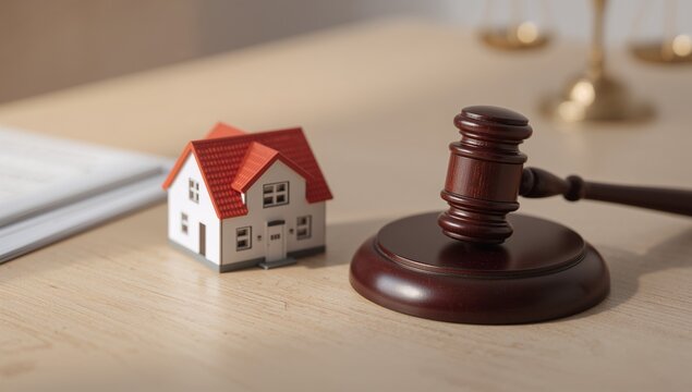 Real Estate Legal Planning with House Model and Judge Gavel on Desk