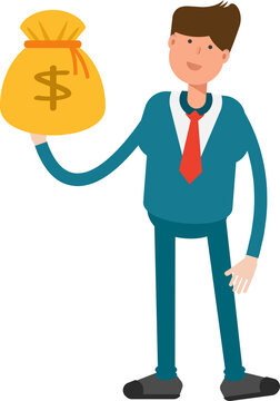 Businessman in Green Suit Character Holding Dollar Sack

