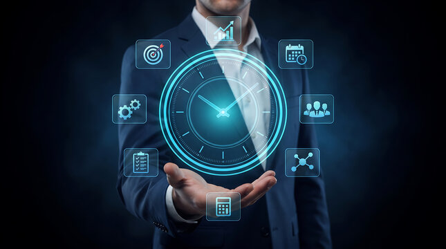Businessman holding glowing digital clock interface with business icons on dark background