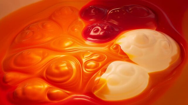 Glossy orange and red liquid forms slowly shift around pale cream patches, creating rounded ripples and flowing contours across brightly lit abstract fluid background