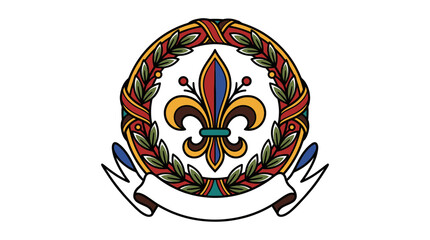 Vintage Fleur de Lis Emblem with Laurel Wreath and Blank Ribbon Banner in Traditional Tattoo Style © serok