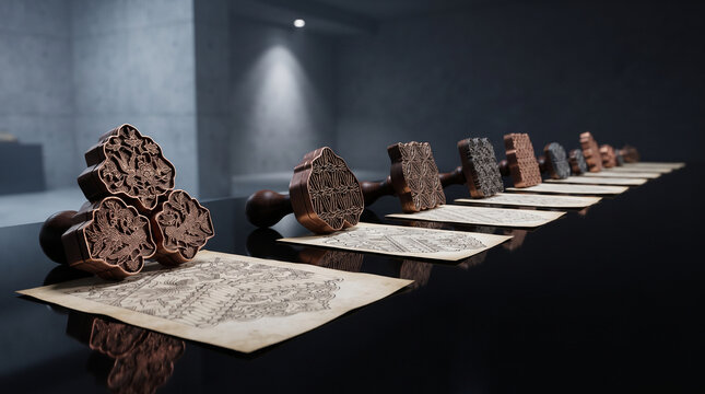 A row of traditional copper batik stamps arranged on a reflective table next to detailed pattern sketches
