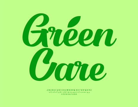 Vector Healthy badge Green Care. Creative Handwritten Font. Stylish set of Artistic Alphabet Letters and Numbers.