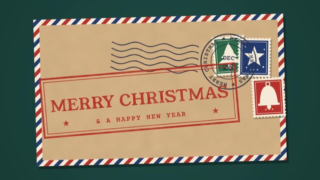 Merry Christmas vintage envelope with postage stamps and postmark