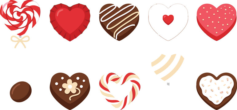 Set of various heart shaped chocolates and sweets for valentines day