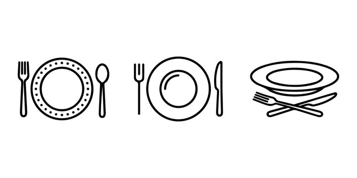 Set of simple black line icons representing various table settings with plates forks spoons and knives for restaurant menu design  vector outline  