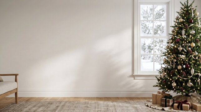 Empty wall mockup with a decorated christmas tree and gifts in a cozy living room interior