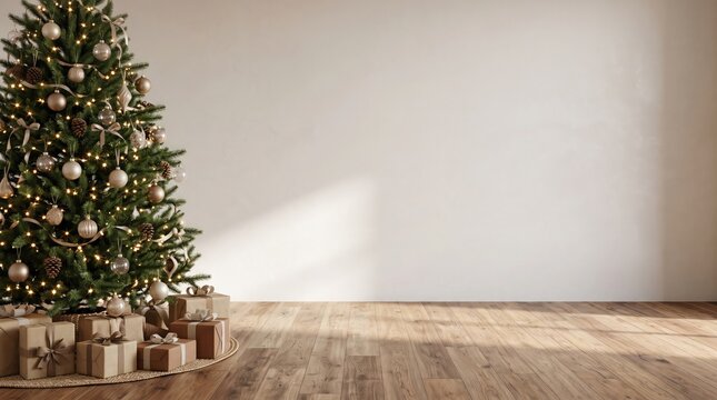 Decorated christmas tree with gift boxes in a bright minimalist room with empty white wall background
