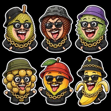 Set of six funny crazy tropical exotic fruit hip hop gangster cartoon stickers 4000x4000 - jackfruit, snake fruit salak, soursop sirsak, langsat duku, mango and banana wearing gold chain bucket hat su