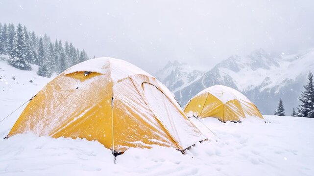Yellow camping tents pitched on snowy mountain slope during heavy snowfall. Winter wilderness expedition in alpine environment. Lockdown wide shot.