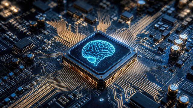 Glowing neon blue human brain icon on a computer processor chip surrounded by a complex electronic motherboard circuit.