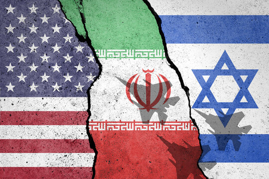 Flags of USA, Iran and Israel painted on a concrete wall with airplane shadows