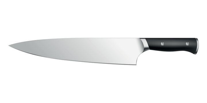 Chef Knife, 3d Vector Illustration. Kitchen Knife, Cooking Knife Isolated. Sharp Stainless Steel Blade with Black Handle for Cutting, Chopping, Slicing, Food Preparation and Culinary Design