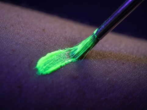 fluorescent body paint brush Brush applying bright green paint on textured surface under dark lighting