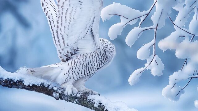 Predatory instinct awakening in subzero wilderness as snowy owl suddenly takes flight from snow-covered tree bough. Lockdown shot capturing swift departure.