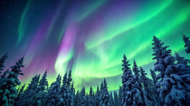 Northern lights shimmering in vibrant violet and emerald green curtains across starry sky. Low angle lockdown shot over snow-covered pine forest.