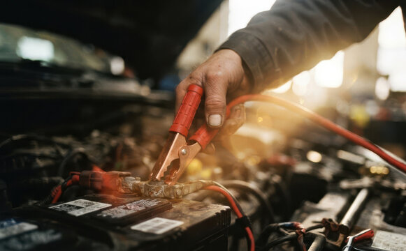 Mechanic using jumper cables to jump-start a car battery in an automotive repair workshop, representing vehicle maintenance and roadside assistance