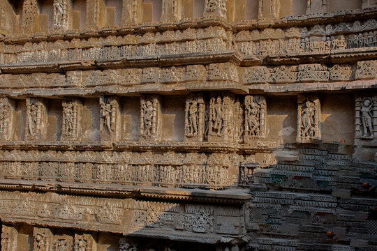 The Intricately carved stone sculptural panels along the multy storied wall of Rani ki Vav an 11th century stepwell in Patan Gujarat