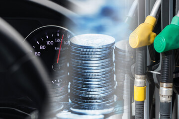 Plakat Fuel prices and driving expenses. Car speedometer with silver coin stacks. Gas station pump nozzles. Yellow and green handles. Transport costs background. Petrol budget and motoring economy.