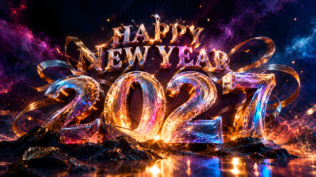 Happy New Year 2027 3D Typography Graphic, Happy New Year 2027 3D Text Design, Seasonal Greeting Illustration