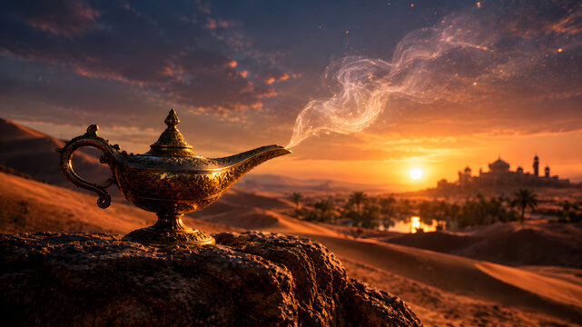 Aladdin's Magic Lamp in the Desert, Antique Golden Oil Lamp on Golden Sand Dunes, Arabian Nights Fantasy, Middle Eastern Folklore, Magical Wish and Enchanted Treasure Concept
