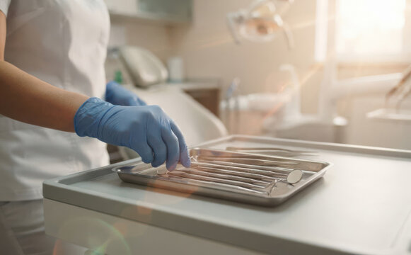 Young female dentist in medical gloves preparing dental instruments on a metal tray in a modern clinic room for oral hygiene procedure