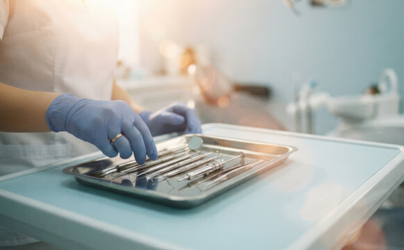 Female dental assistant holding a metal tray with dental instruments in a modern dental clinic, representing oral healthcare, hygiene, and patient treatment procedures