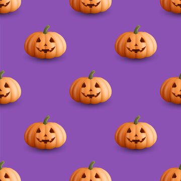 Halloween Pumpkin Seamless Pattern, Vector Illustration. Orange Pumpkin with Jack O Lantern Face on Purple Background. Pumpkin Repeat for Halloween Wallpaper, Fabric, Wrapping Paper, Textile
