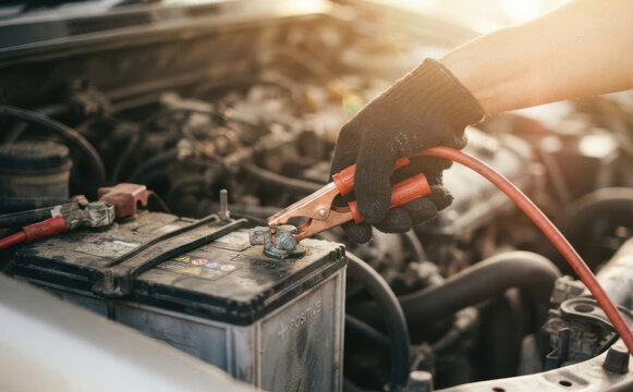 Mechanic wearing gloves jump starting a car battery with jumper cables in an engine bay representing roadside assistance and vehicle maintenance