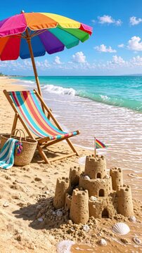 Sandcastle standing on tropical shore as gentle sea waves approach deck chair and colorful parasol. Lockdown shot with subtle panning.