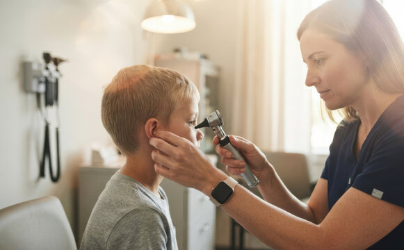 Female pediatrician examining young caucasian boy ear with otoscope in clinic medical checkup healthcare pediatric patient childhood illness consultation