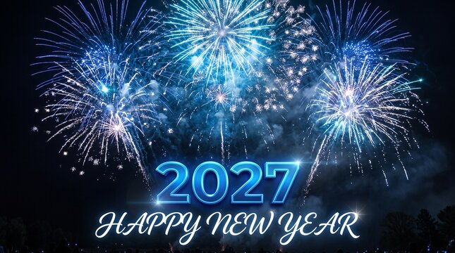 Happy new year 2027 fireworks display on dark background