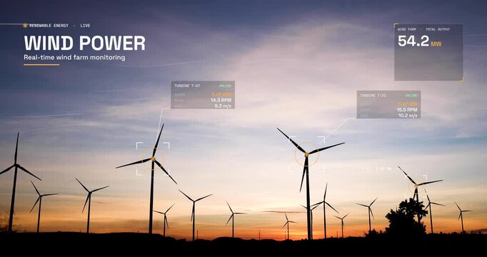 Silhouettes of wind turbines generating clean energy at sunset with real-time smart power monitoring HUD interface display, representing renewable technology, sustainable energy, and eco power concept