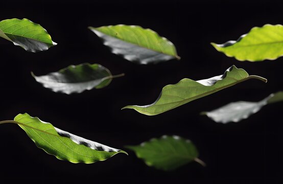 Green leaves floating in the air against a black background