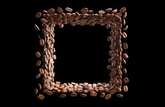 Square frame made of roasted coffee beans floating on black background
