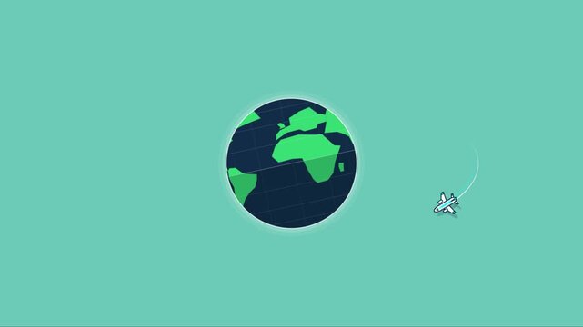 Minimalist plane flying around earth on a teal background. 4K video
