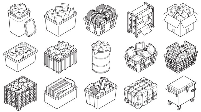 Isometric storage container icons, 15 line art vector elements. Industrial waste bins and plastic crates. Recycling bin set for logistics and diagrams.