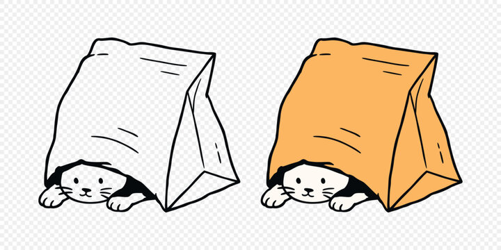 Cat in Paper Bag Outline and Color Set. Cute Cat Hiding in Paper Bag with Line Art and Colored Version. Funny Cartoon Cat in Paper Bag Vector Illustration