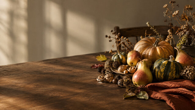 Thanksgiving Harvest Still Life with Pumpkins and Fruits on Wooden Table Illustration