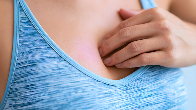 Pain in female breast test, woman in blue bra examining her breasts for cancer, mastitis ore mastopathy disease, health problems concept
