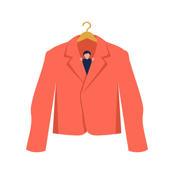 Imposter syndrome concept, tiny person hiding inside an oversized blazer, self doubt at work illustration