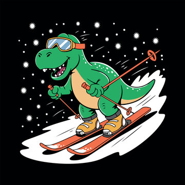 Cute T-Rex Dinosaur Skiing Downhill in Snow. Funny Green Tyrannosaurus Rex Skiing in Winter Snowfall. Cute Dino Skiing with Goggles and Poles Winter Sports Vector. 